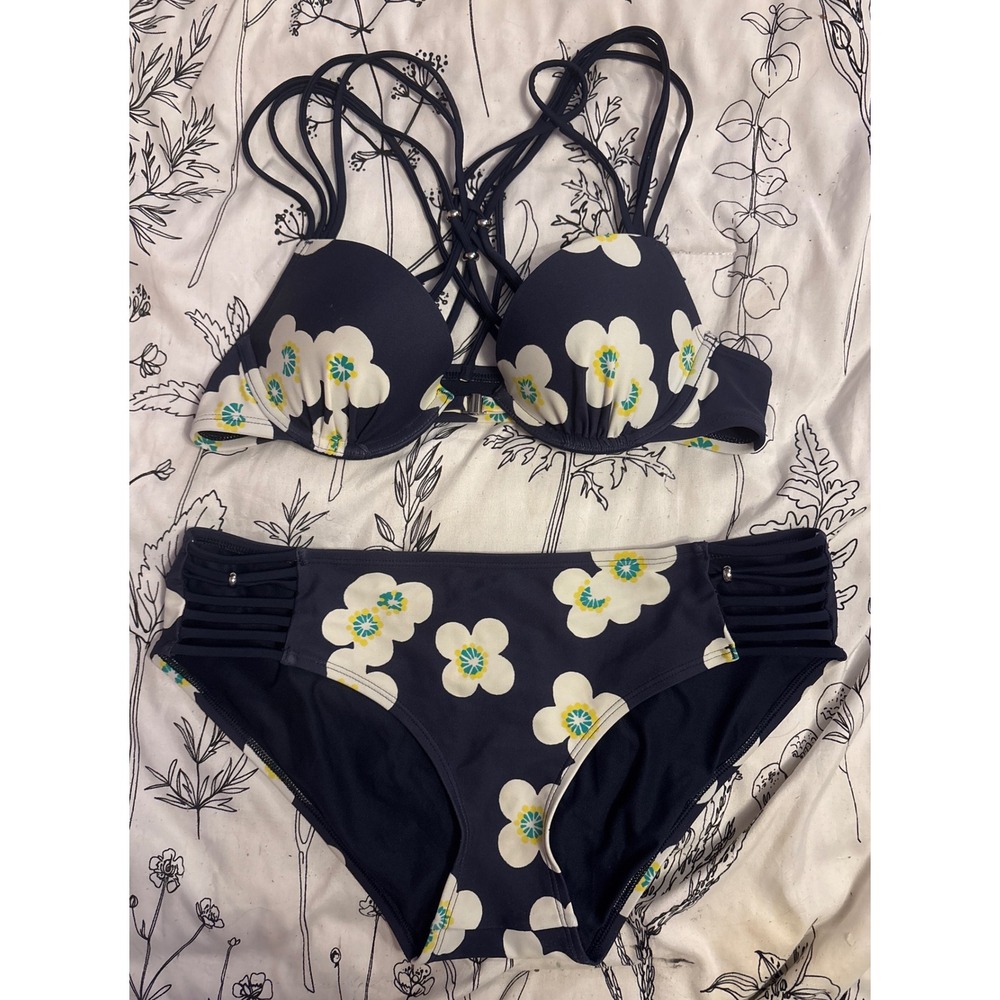 Aerie‎ Brooke Navy Floral Bikini 2pc Swimsuit, 34A Top/M Bottoms